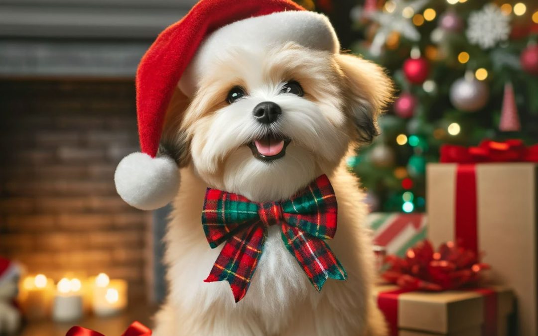Smith Farms Kennels Holiday Dog with Santa Hat in front of Christmas Tree with Presents