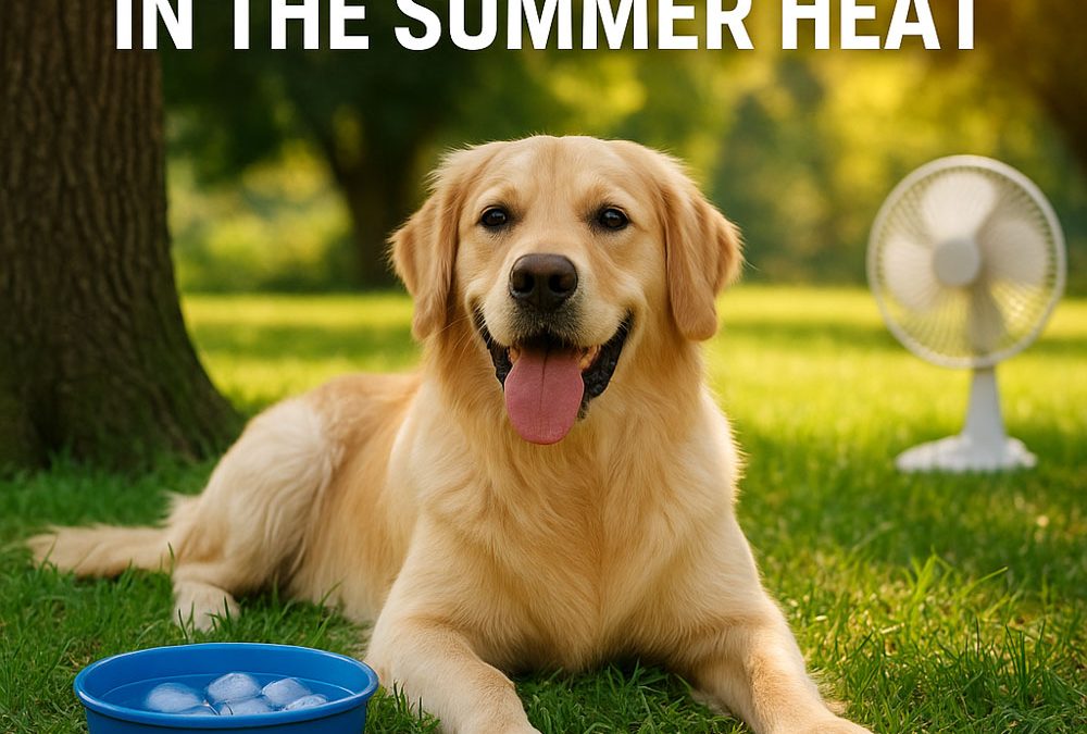 Yellow lab on green grass with ice water, fan and one