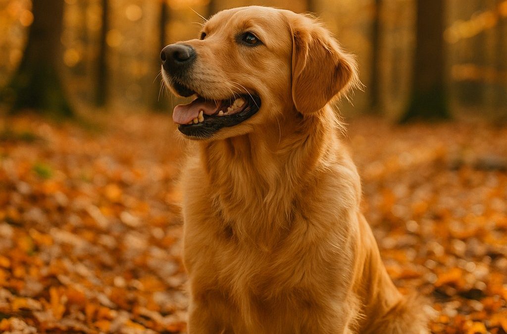 Beautiful golden retriever at Smith Farms Conyers Georgia in the Fall